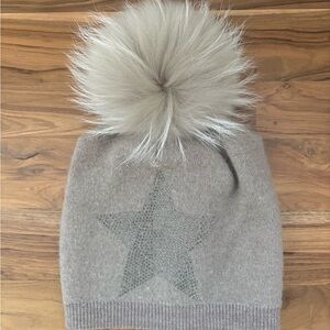 Super soft wool beanie with real fur Pom-Pom and studded shiny star accent
